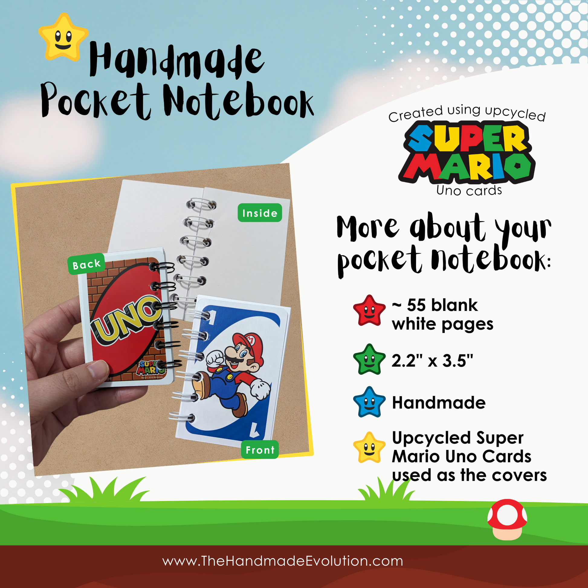 handmade pocket notebook of Bowser. made with upcycled mario uno cards. 