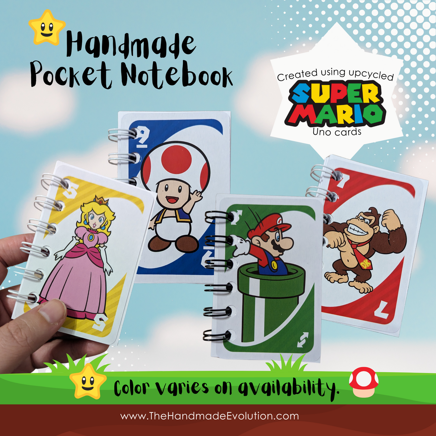 handmade pocket notebook of Bowser. color varies between yellow, blue, green, or red. 