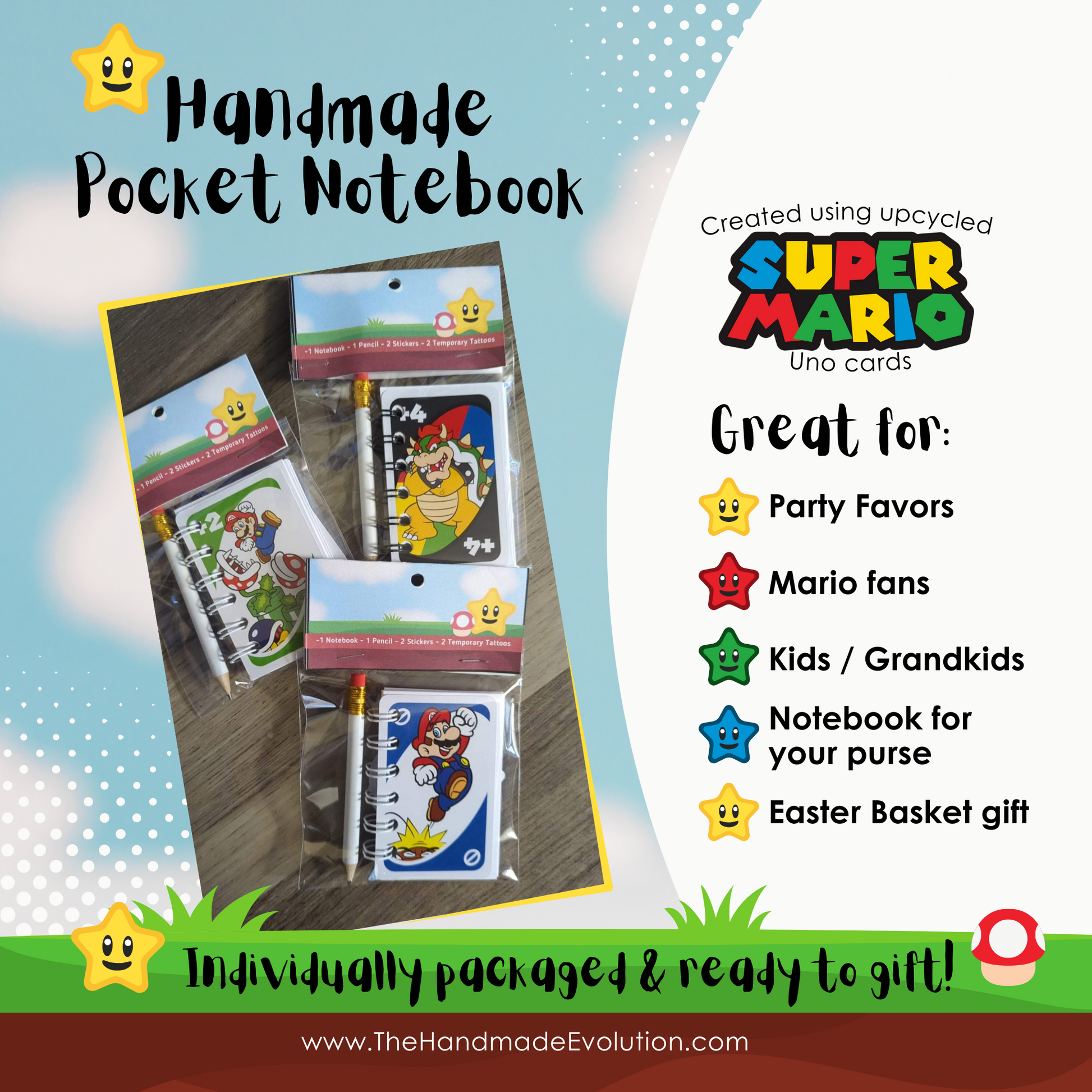 handmade pocket notebook of Bowser. Great for party favors, gifts, Easter basket. 