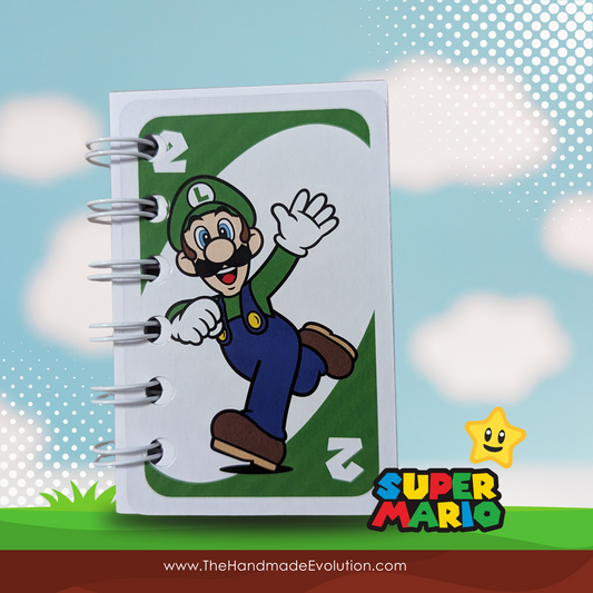 Mario themed pocket notebook. Handmade using upcycled Mario Uno Cards. Luigi. 