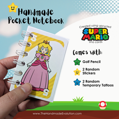 Mario themed pocket notebook. Handmade using upcycled Mario Uno Cards. Princess Peach. 