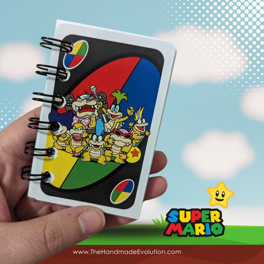 Mario themed pocket notebook. Handmade using upcycled Mario Uno Cards. Mario & Friends. 