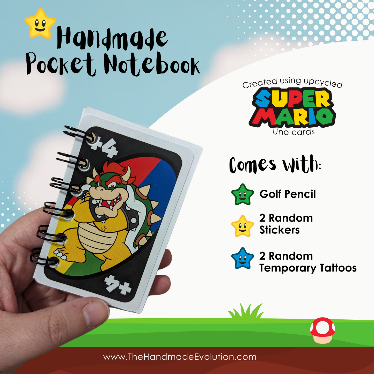 handmade pocket notebook of Bowser. Comes with pencil, 2 stickers, 2 random temporary tattoos. 