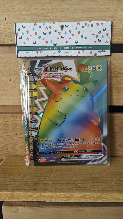 Pokémon card notebooks are packaged with a pencil, two random stickers, and two random temporary tattoos.