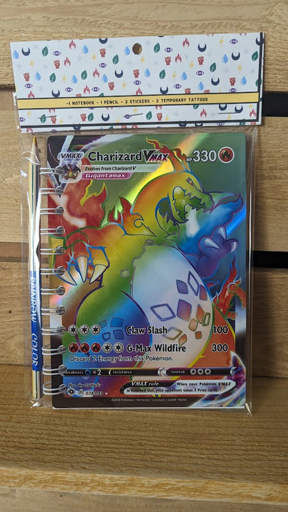 Pokémon card notebooks are packaged with a pencil, two random stickers, and two random temporary tattoos.