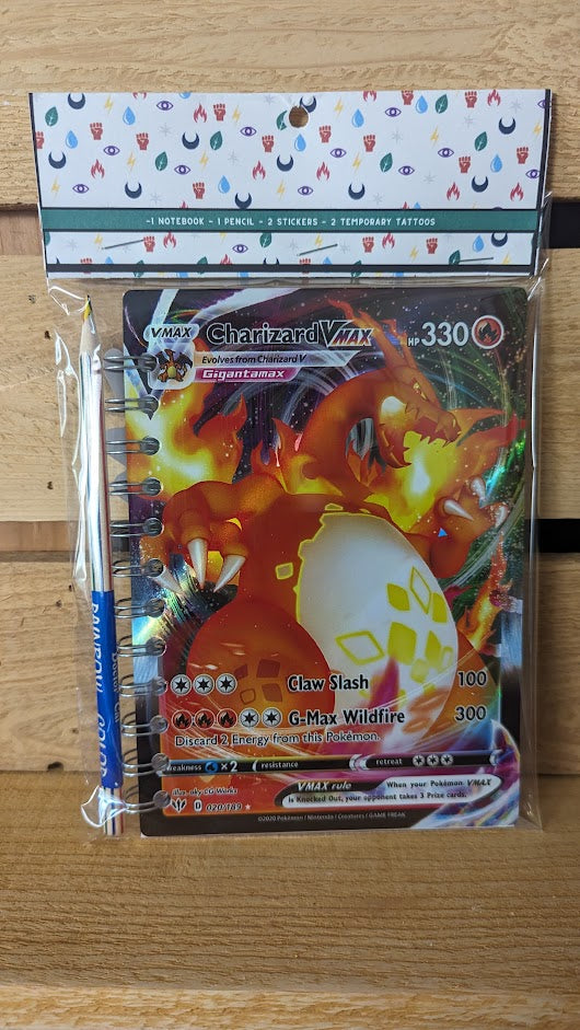 Pokémon card notebooks are packaged with a pencil, two random stickers, and two random temporary tattoos.