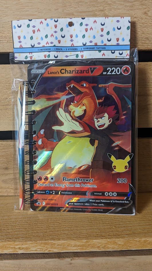 Pokémon card notebooks are packaged with a pencil, two random stickers, and two random temporary tattoos.