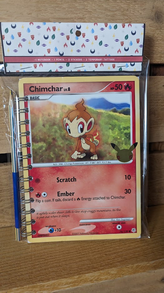 Pokémon card notebooks are packaged with a pencil, two random stickers, and two random temporary tattoos.