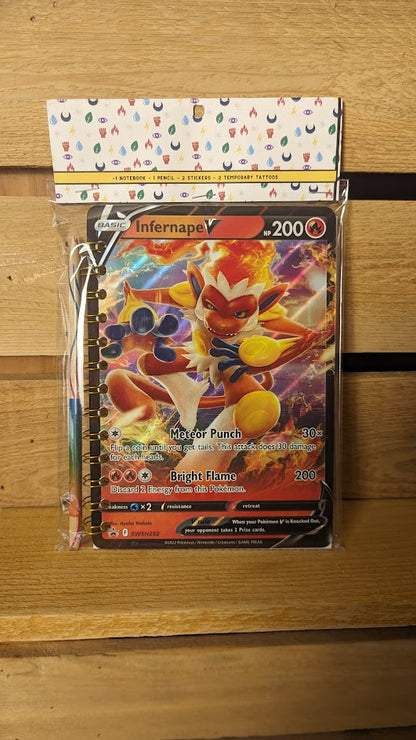 Pokémon card notebooks are packaged with a pencil, two random stickers, and two random temporary tattoos.