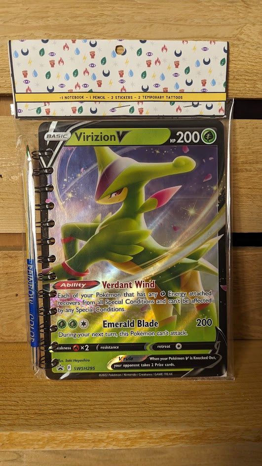 Pokémon card notebooks are packaged with a pencil, two random stickers, and two random temporary tattoos.